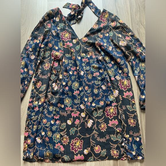 BCBGeneration Navy Blue/Black Metallic Floral Dress, Size Large, Mini Longsleeve - Picture 3 of 11